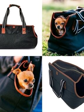 Pet Tote Carrier Black with Brown Trim and Striped Handles NWT